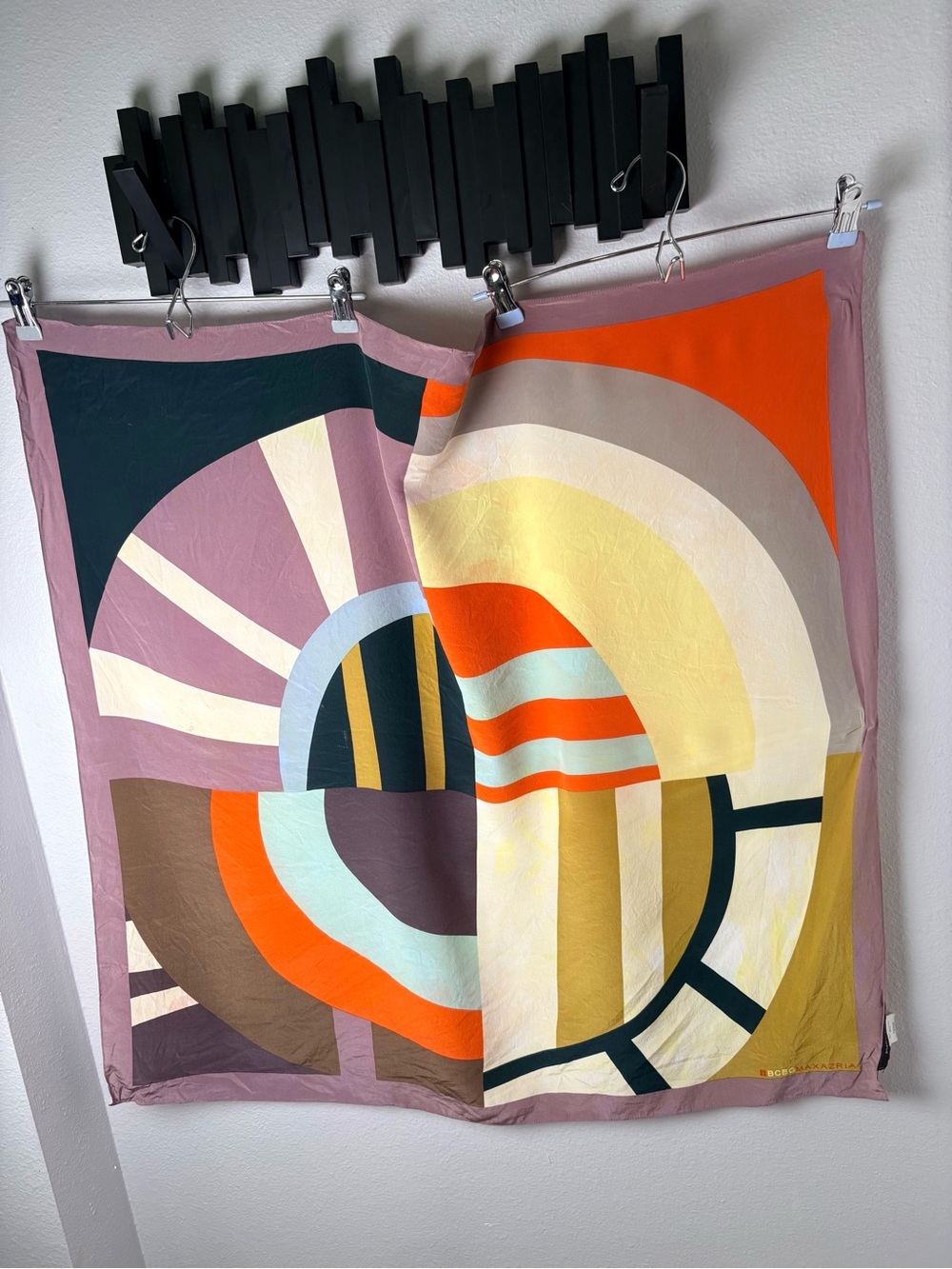 Abstract Geometric 100% Silk Square Scarf in Purple Orange & Teal